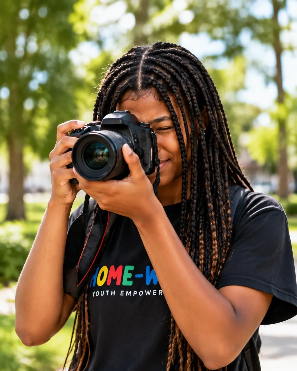 Teenage girl with box braids shooting a DSLR outdoors among trees while wearing a HOME-WORK Youth Empowerment shirt