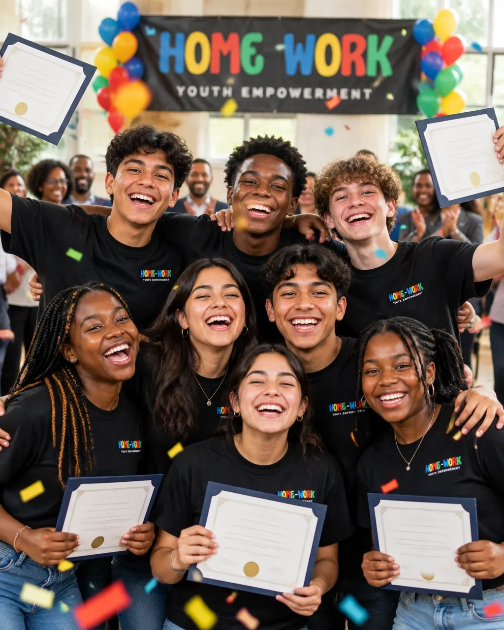 Cohort graduation celebration with teens cheering, holding certificates, and confetti in the air