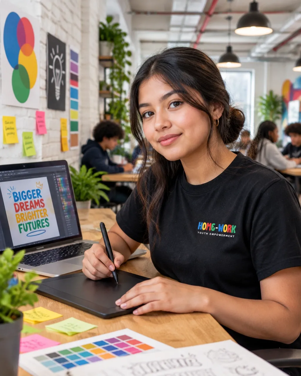 Teenage girl creating graphic design on a drawing tablet beside a laptop showing a poster layout