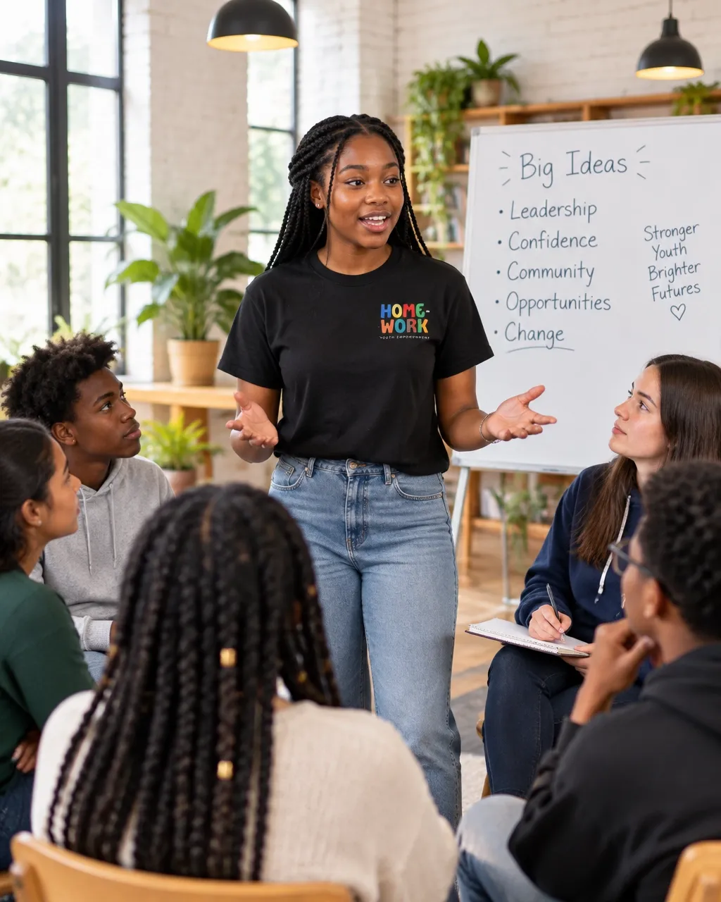 Teenage girl leading a small group discussion in front of a whiteboard while other teens listen