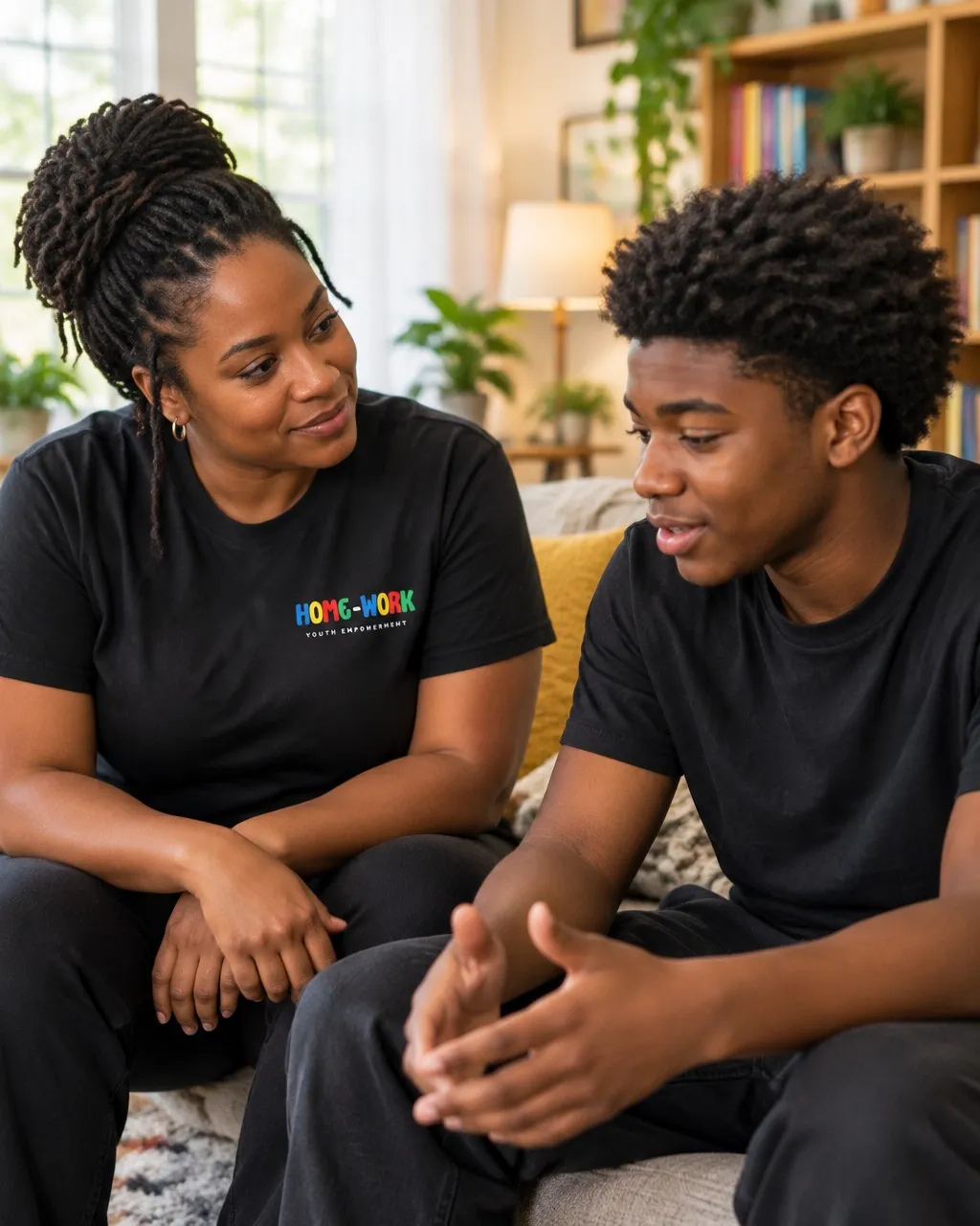 Caring adult mentor sitting beside a teenage boy on a sofa as he opens up and speaks