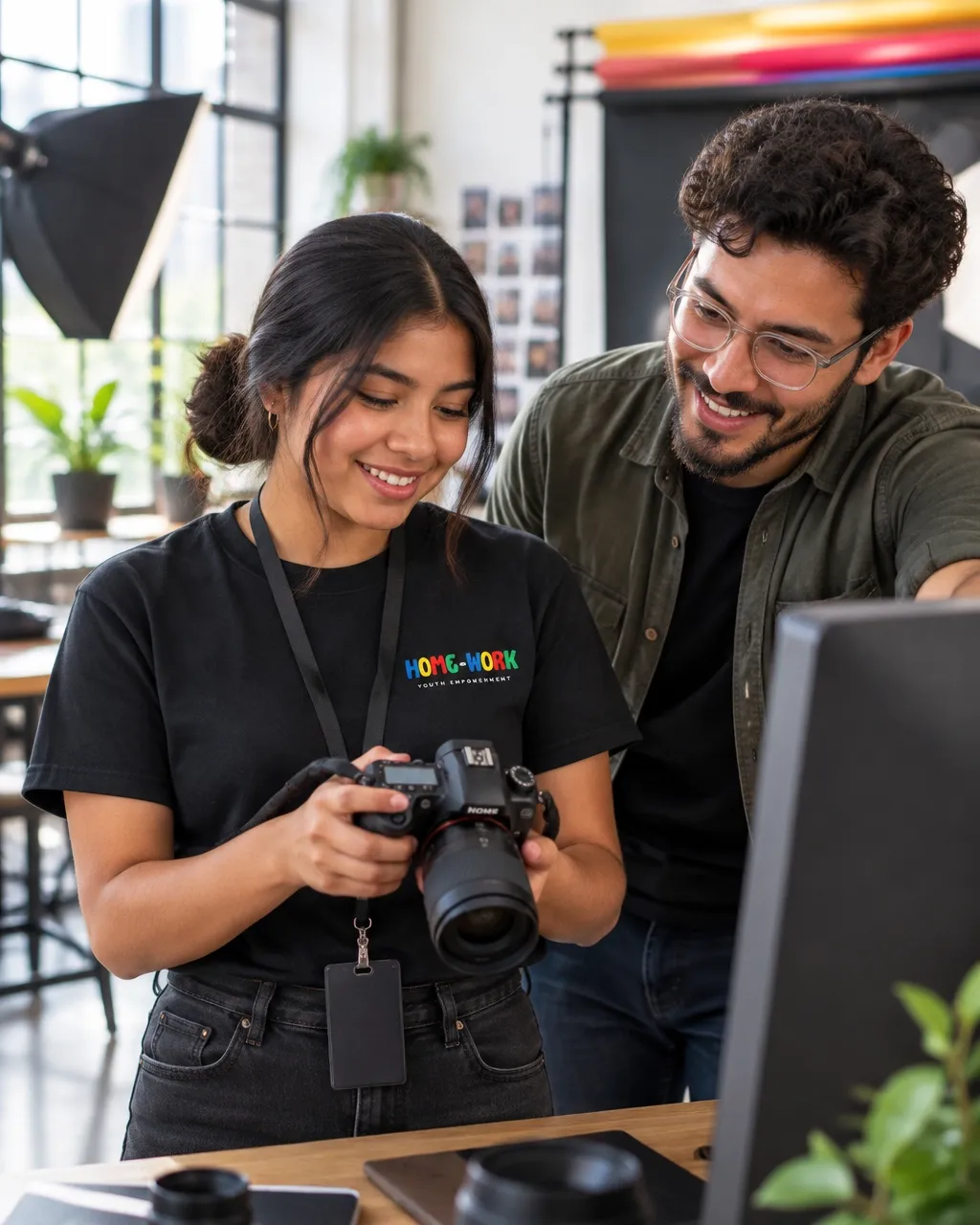 Teenage girl on a paid internship reviewing a shot on a monitor with a coworker in a creative studio