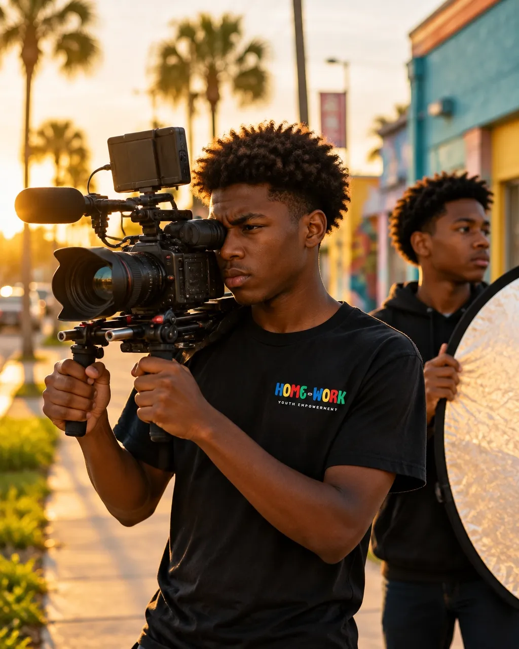 Teenage boy filming with a shoulder-mounted video camera on an Orlando street at golden hour while another teen holds a reflector