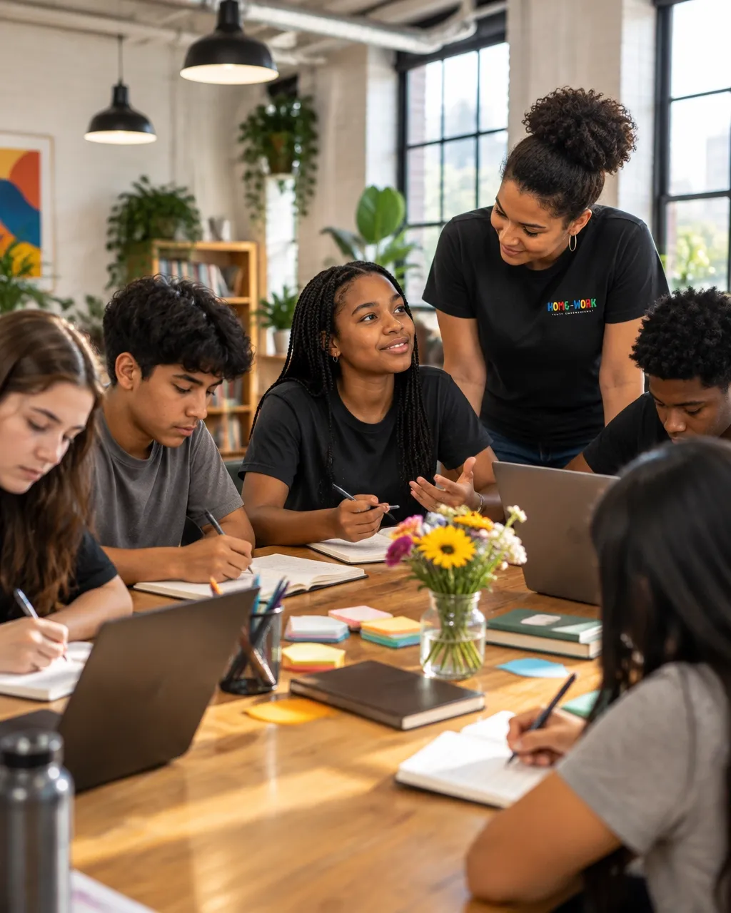 Teens writing in notebooks and working on laptops around a long table while a facilitator helps
