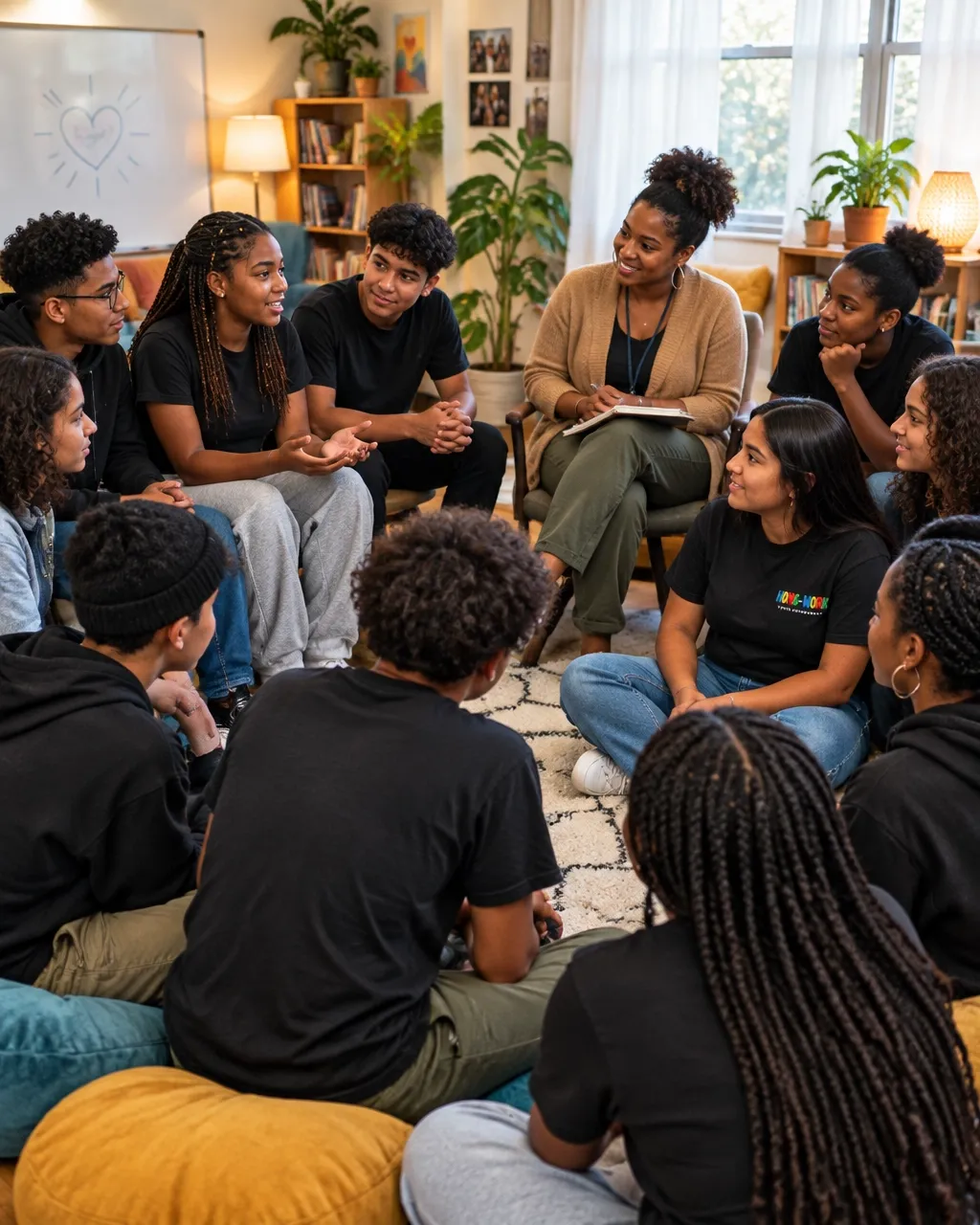 Teens seated in a supportive group therapy circle with a facilitator in a welcoming room