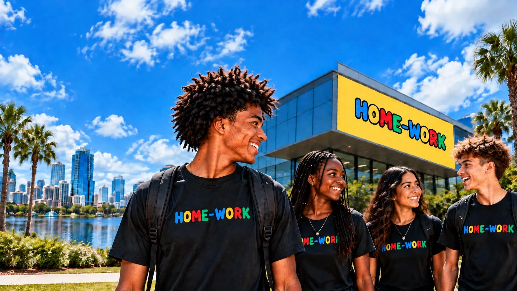 Four diverse Orlando teenagers in HOME-WORK shirts outside the HOME-WORK community building beside the city skyline