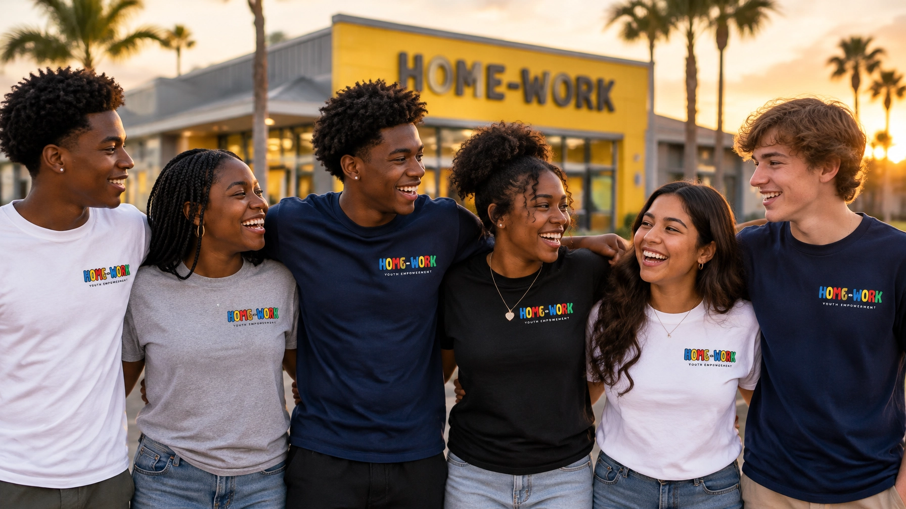 Six diverse HOME-WORK teens in varied white, heather grey, navy blue, black, white, and navy blue shirts standing arm in arm and laughing outside the HOME-WORK community building at golden hour