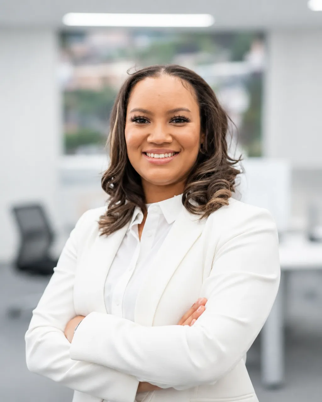 Jazzmin Blackburn, vice president of HOME-WORK, smiling in a white blazer and collared shirt against a softly blurred office background
