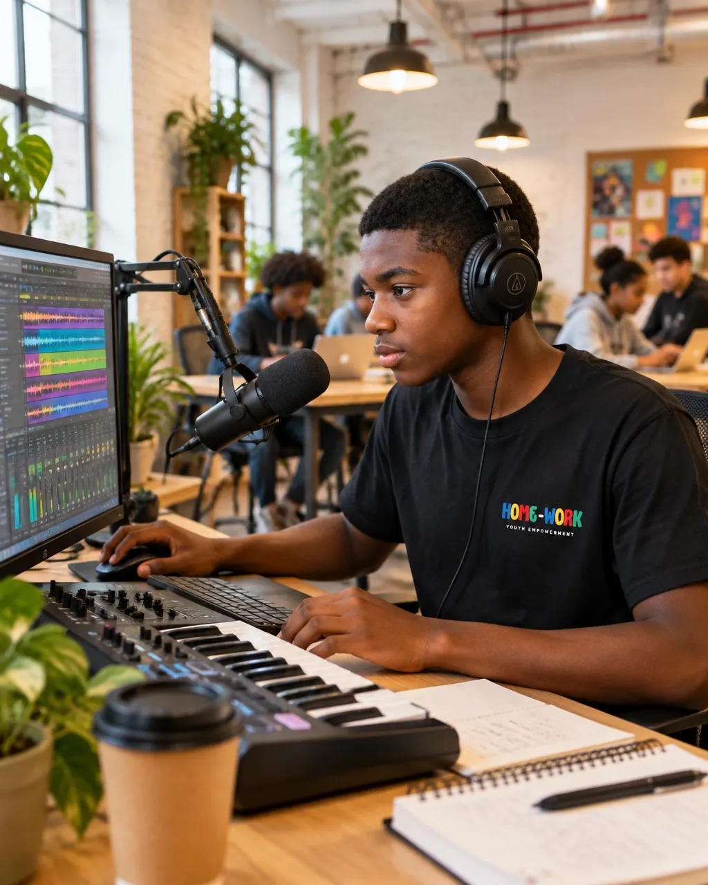 Teenage boy wearing headphones and producing music at a desktop workstation with waveforms and a MIDI keyboard